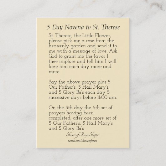 St.テレーズ小さい花のNovena神聖なカード 名刺 (裏面)