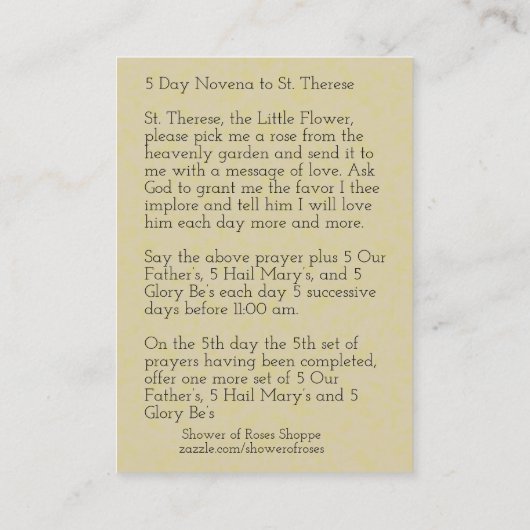 St.テレーズ少し花のNovena神聖なカード 名刺 (裏面)
