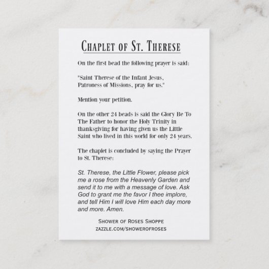 St.テレーズ神聖なカード祈りの言葉のChaplet 名刺 (裏面)