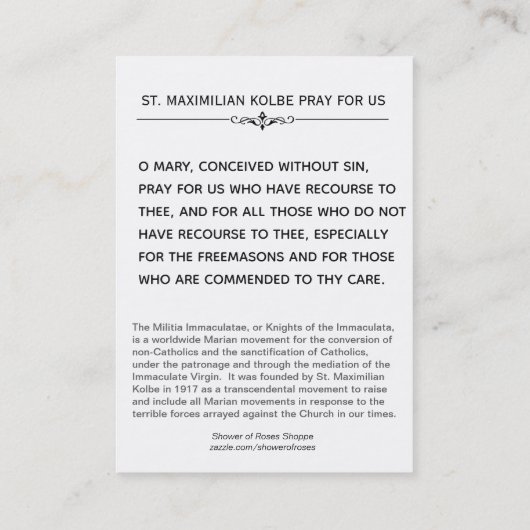St.マクシミリアンKolbeの在郷軍のImmaculataの神聖なカード 名刺 (裏面)
