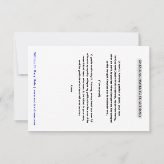 St. Anthony祈りの言葉カードへの確実な祈りの言葉 サンキューカード (裏面)