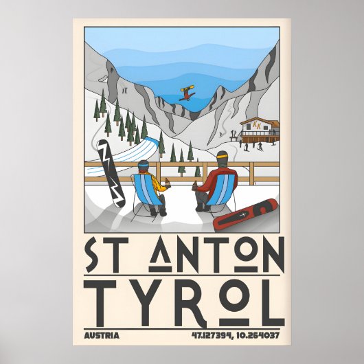 St Anton Tyrol Ski Print, Chalet and Mountain ポスター (正面)
