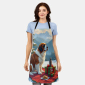 St. Bernard Winter Picnic Christmas Painting エプロン (着用した状態)