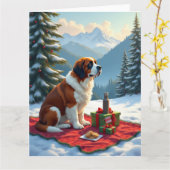 St. Bernard Winter Picnic Christmas Painting カード (黄色い花)