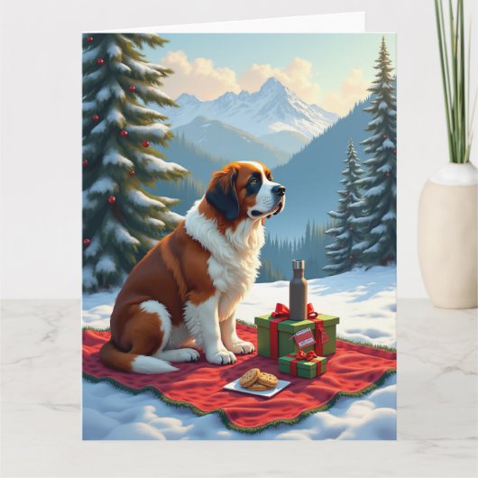 St. Bernard Winter Picnic Christmas Painting カード (正面)