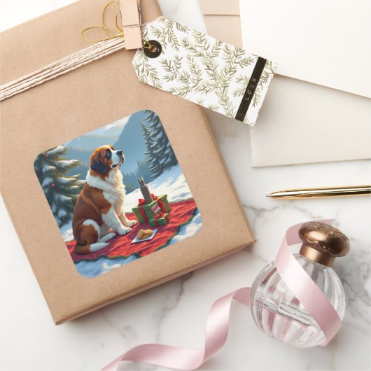St. Bernard Winter Picnic Christmas Painting スクエアシール (ギフト)