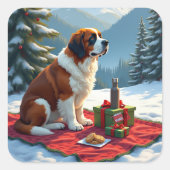 St. Bernard Winter Picnic Christmas Painting スクエアシール (正面)