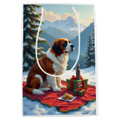 St. Bernard Winter Picnic Christmas Painting ミディアムペーパーバッグ (正面)