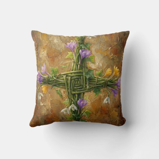 St Brigid Cross Green Rushes Crocus Imbolc Art クッション (裏面)