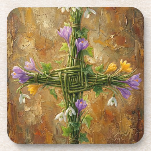 St Brigid Cross Green Rushes Crocus Imbolc Art コースター (正面)