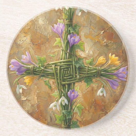 St Brigid Cross Green Rushes Crocus Imbolc Art コースター (正面)