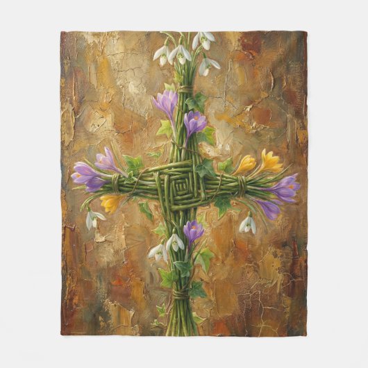 St Brigid Cross Green Rushes Crocus Imbolc Art フリースブランケット (正面)