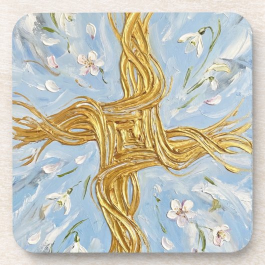 St Brigid's Cross Snowdrops Golden Imbolc Art コースター (正面)