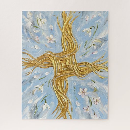 St Brigid's Cross Snowdrops Golden Imbolc Art ジグソーパズル (縦)