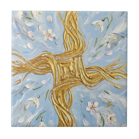 St Brigid's Cross Snowdrops Golden Imbolc Art タイル (正面)