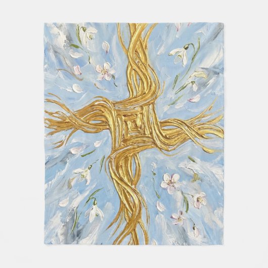 St Brigid's Cross Snowdrops Golden Imbolc Art フリースブランケット (正面)