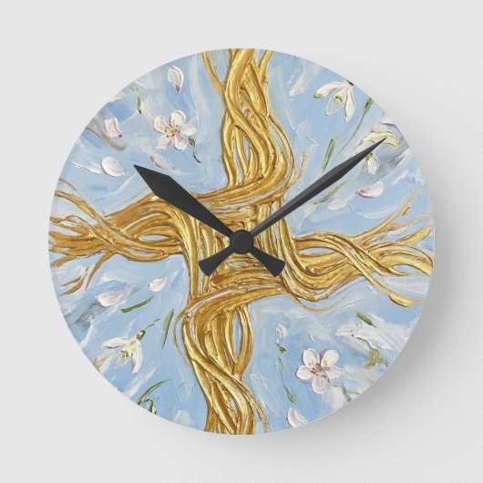 St Brigid's Cross Snowdrops Golden Imbolc Art ラウンド壁時計 (正面)