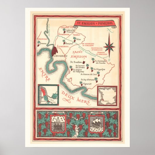 St. Emilion Bordeaux Wine Map Print ポスター (正面)