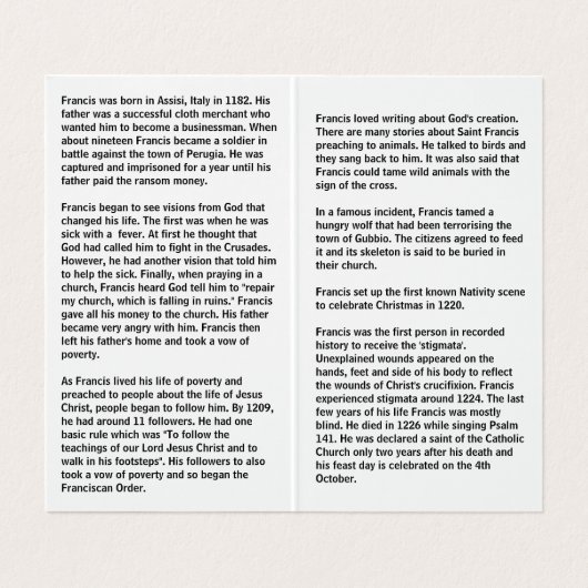 St Francis of Assisi prayer card 名刺 (内部フラット)