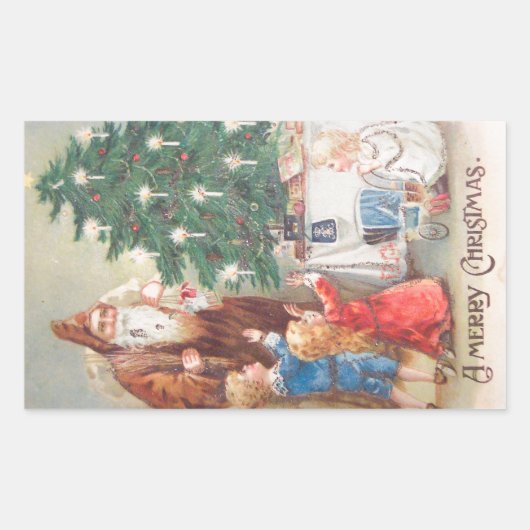 St. Nicholas in Brown suit with Childrenヴィンテージ 長方形シール (正面)