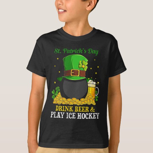 St Patrick#39;s Day Drink Beer 遊 Ice Hockeyおもしろい Tシャツ (正面)