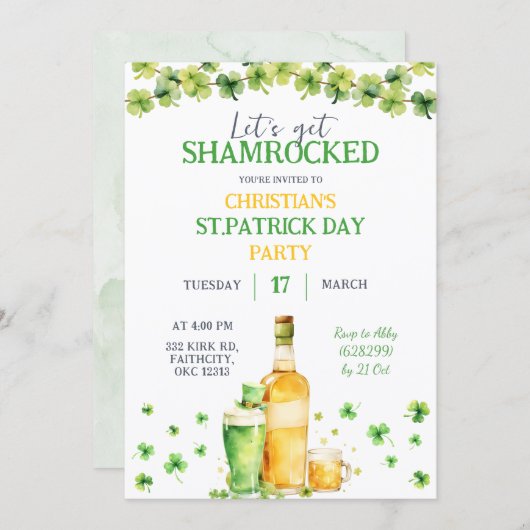 St Patrick Day Let's Get Shamrocked Party 招待状 (正面/裏面)