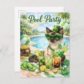 St. Patrick’s Day Glam Cat Pool Party  インビテーションポストカード (正面/裏面)