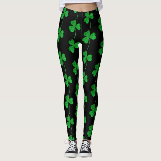 St. Patrick’s Day Green Faux Glitter Shamrock レギンス (正面)