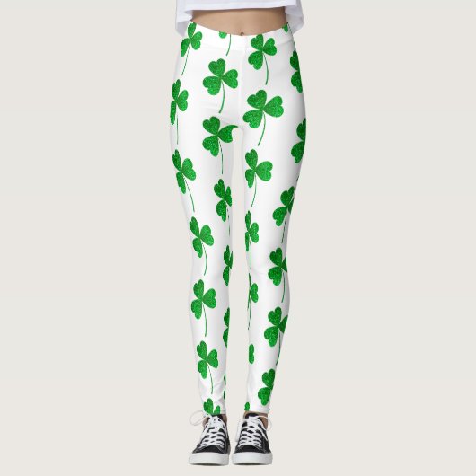 St. Patrick’s Day Green Faux Glitter Shamrock レギンス (正面)