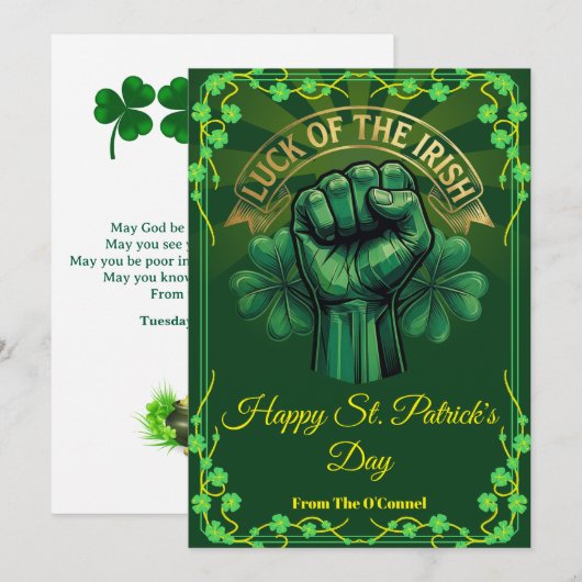 St. Patrick’s Day Luck of the Irish Fist Shamrock シーズンカード (正面/裏面)