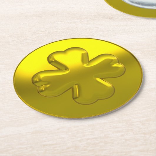 St. Patrick’s Day Luxury Gold Shamrock Coin ラウンドペーパーコースター (アングル)