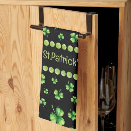 St. Patrick’s Day Watercolor Shamrock on black キッチンタオル