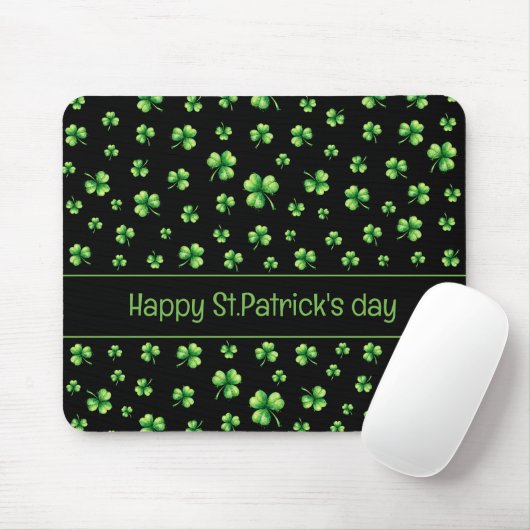 St. Patrick’s Day Watercolor Shamrock on black マウスパッド (マウス)