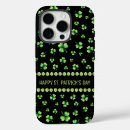 St. Patrick’s Day Watercolor Shamrock on black iPhone 16 Proケース