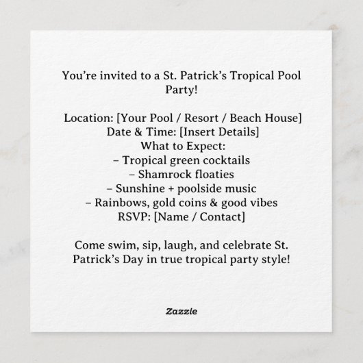 St. Patrick’s Tropical Pool Party Invitation 招待状 (裏面)