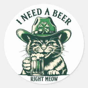 St patricks dayおもしろいキャットアイ右ミューにビールが必要 ラウンドシール