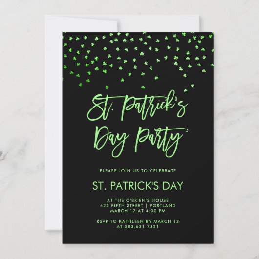 St patricks dayのパーティー|のモダンな緑および黒い 招待状 (正面)