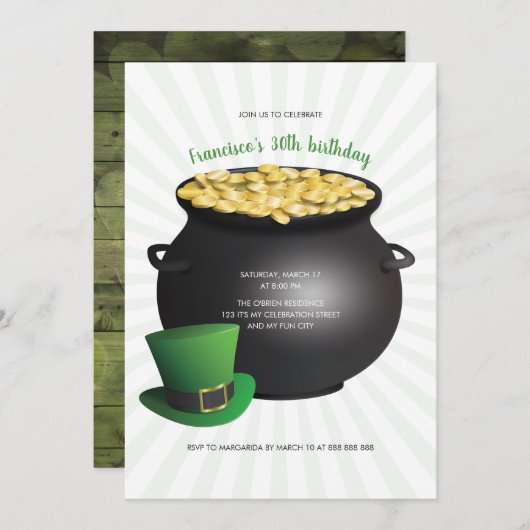 St patricks dayの誕生日Stハンバーグのポットの金ゴールドのシルクハット 招待状 (正面/裏面)