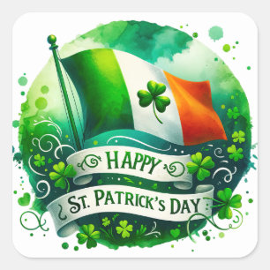 St patricks dayグリーンアイリッシュフラッグイラストレーション スクエアシール