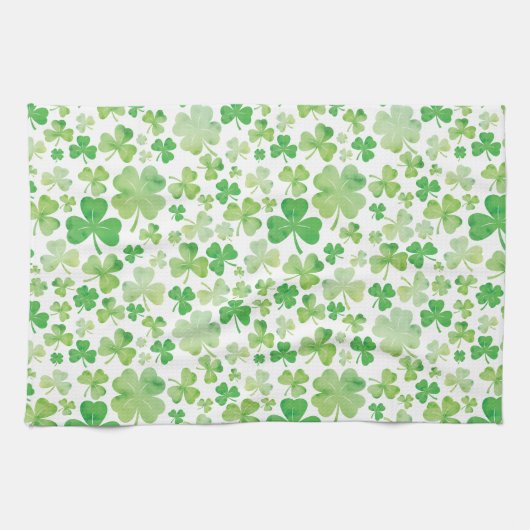 St patricks dayグリーンウォーター色シャムロックパターン キッチンタオル (横)