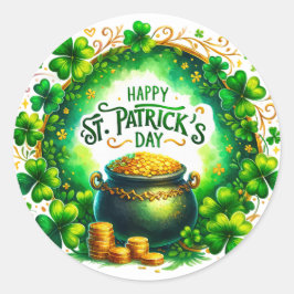St patricks dayグリーンカルドロンコインイラストレーション ラウンドシール
