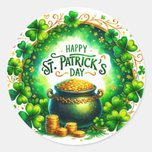 St patricks dayグリーンカルドロンコインイラストレーション ラウンドシール