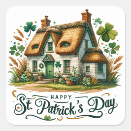 St patricks dayグリーンコテージクローバーイラストレーション スクエアシール