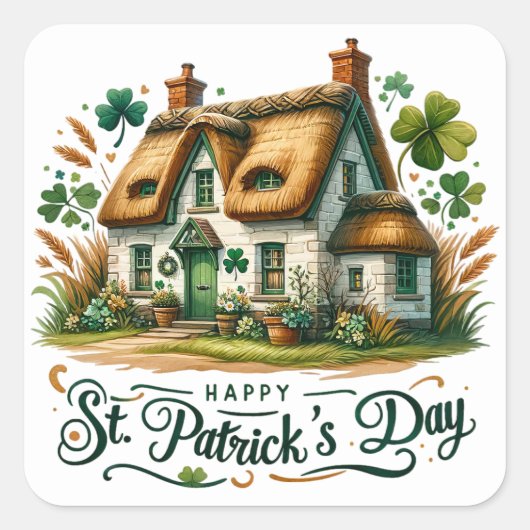 St patricks dayグリーンコテージクローバーイラストレーション スクエアシール (正面)