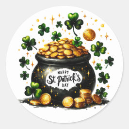 St patricks dayグリーンシャームロックポットの金ゴールドデザイン ラウンドシール