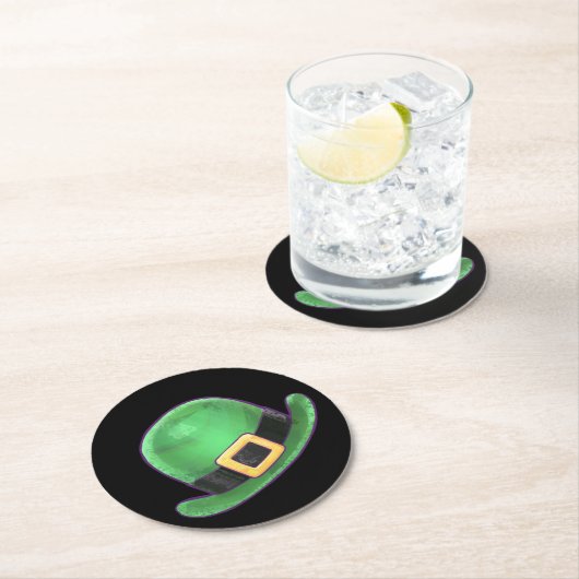 St patricks dayグリーンダービーハットオンブラック ラウンドペーパーコースター (インサイチュ)