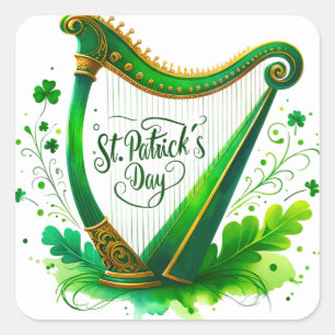 St patricks dayグリーンハープイラストレーション スクエアシール