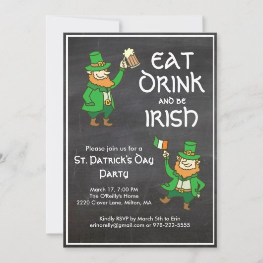 St patricks dayパーティー食べドリンクアイリッシュレプレシャン 招待状 (正面)