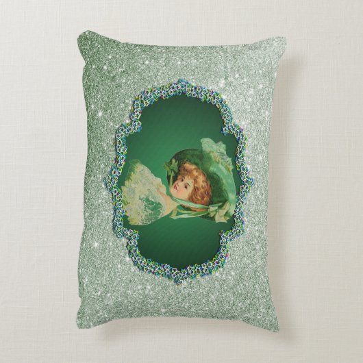 St patricks dayレディーグリーンフレームソフトフェイクグリッター アクセントクッション (裏面(縦))
