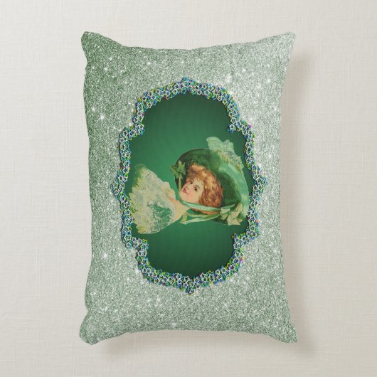 St patricks dayレディーグリーンフレームソフトフェイクグリッター アクセントクッション (正面(垂直))